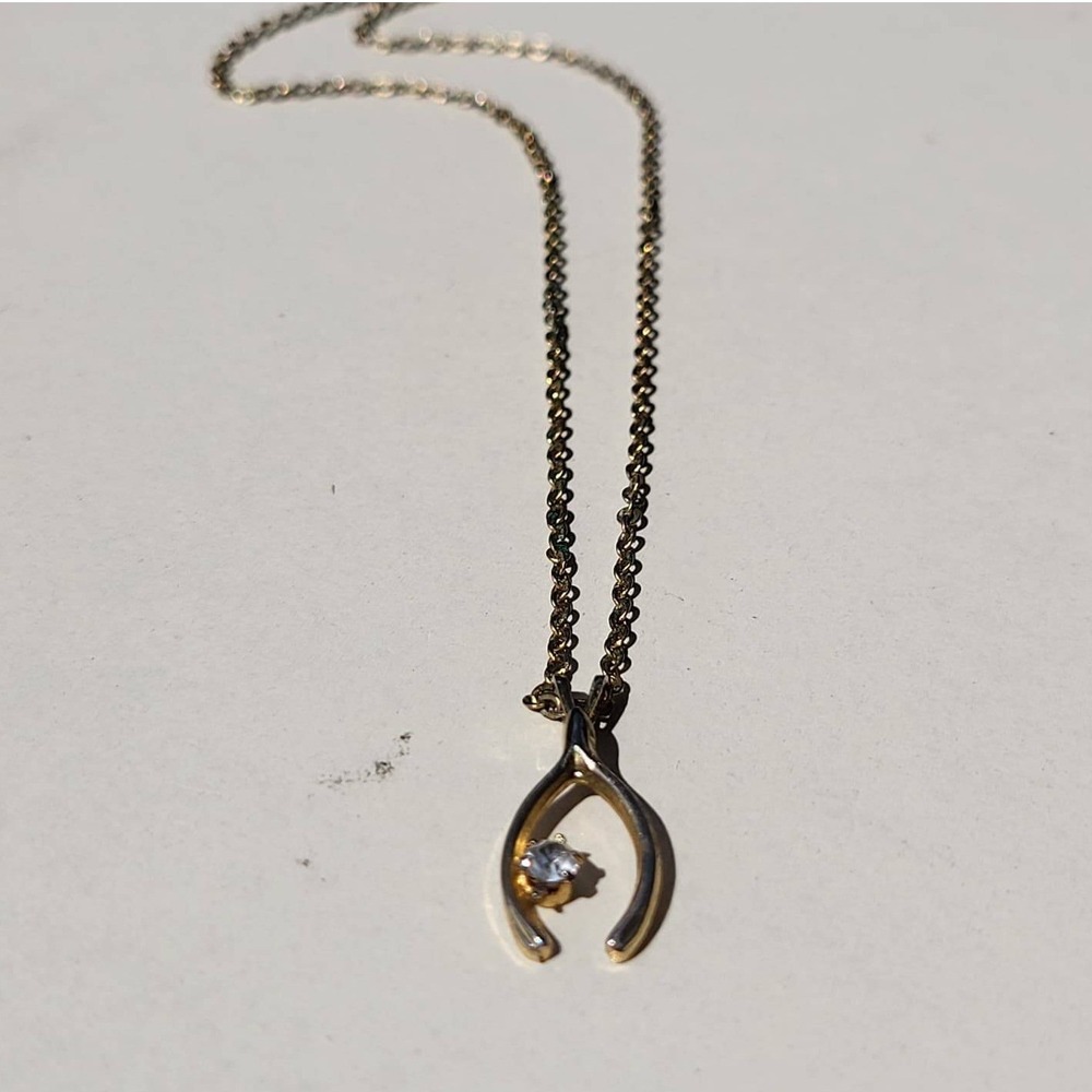 Vintage Gold Tone Metal Wishbone Pendant Clear Stone Accent Necklace - Picture 7 of 7